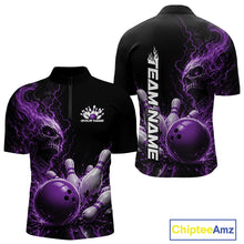 Load image into Gallery viewer, Custom Name Purple Flame Skull Bowling Men Quarter-Zip Shirts, Halloween Team Bowling Outfit IPHW11394
