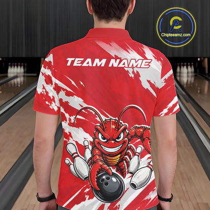 Back view of a male model in a bowling alley wearing a red custom bowling polo shirt with a fierce yet funny crawfish bowling character and a distressed background design.