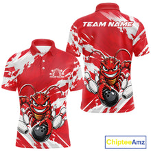 Load image into Gallery viewer, Front and back views of a red custom men's bowling polo shirt featuring an aggressive funny crawfish playing bowling with a distressed background design.