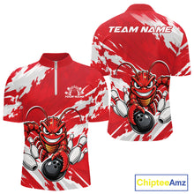 Load image into Gallery viewer, Front and back views of a red custom quarter zip bowling shirt featuring an aggressive crawfish bowling design with a distressed background.