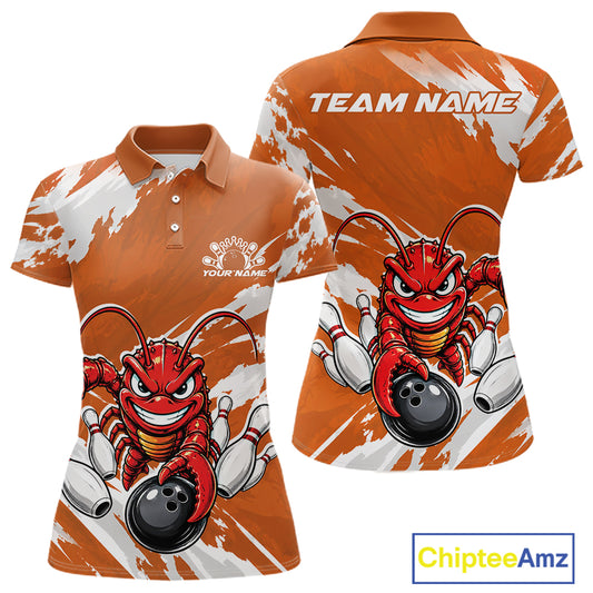 Front and back views of an orange custom women's bowling polo shirt featuring a fierce yet funny crawfish bowling character and a distressed background design.
