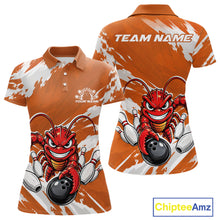 Load image into Gallery viewer, Front and back views of an orange custom women's bowling polo shirt featuring a fierce yet funny crawfish bowling character and a distressed background design.