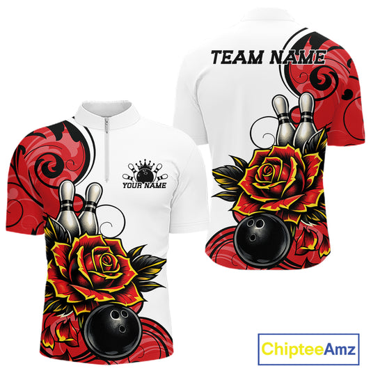 Custom Red Rose Bowling Men Quarter Zip Shirt, Floral Bowling Team Shirt IPHW11690