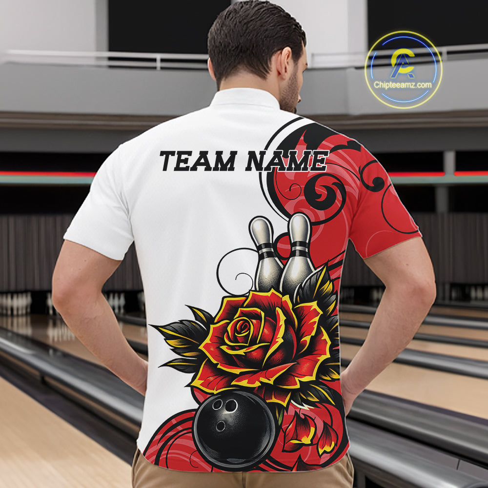 Custom Red Rose Bowling Men Quarter Zip Shirt, Floral Bowling Team Shirt IPHW11690