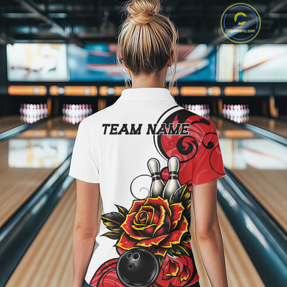 Custom Red Rose Bowling Women Quarter-Zip Shirt, Floral Bowling Team Shirt IPHW11690