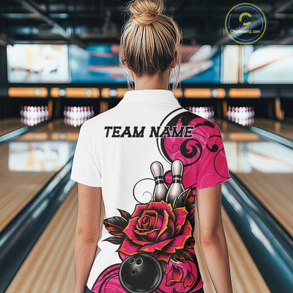Custom Pink Rose Bowling Women Quarter-Zip Shirt, Floral Bowling Team Shirt IPHW11691