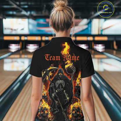 Grim Reaper Custom Flame Ladies Bowling Shirts, Black And Fiery Halloween Bowling Outfits IPHW7631