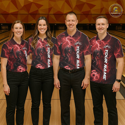 Custom Red Thunder Lightning Bowling Team Men Polo Shirt, Dragon Bowling Jerseys IPHW10195