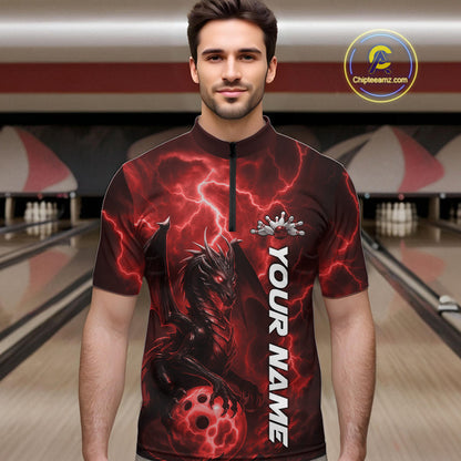 Custom Red Thunder Lightning Bowling Team Men Quarter-Zip Shirt, Dragon Bowling Jerseys IPHW10195