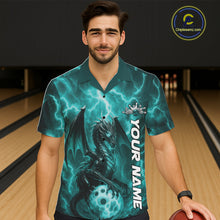 Load image into Gallery viewer, Custom Turquoise Blue Thunder Lightning Bowling Team Men And Women Hawaiian Shirt, Bowling Jerseys IPHW10196