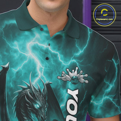 Custom Turquoise Blue Thunder Lightning Bowling Team Men Polo Shirt, Bowling Jerseys IPHW10196
