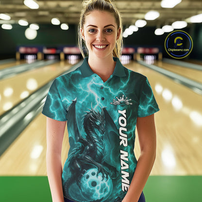 Custom Turquoise Blue Thunder Lightning Bowling Team Women Polo Shirt, Bowling Jerseys IPHW10196