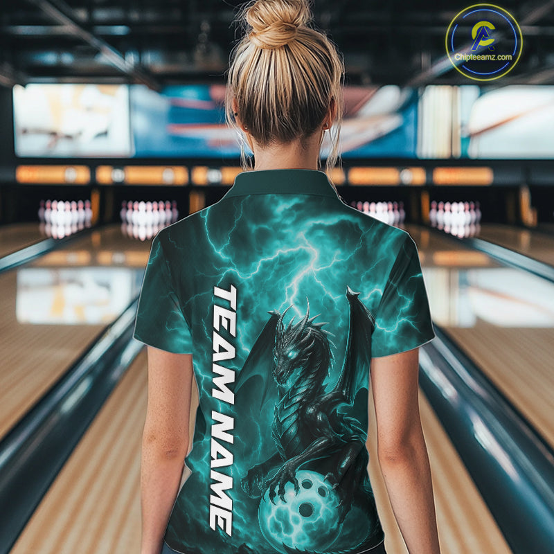 Custom Turquoise Blue Thunder Lightning Bowling Team Women Shirt, Bowling Jerseys IPHW10196