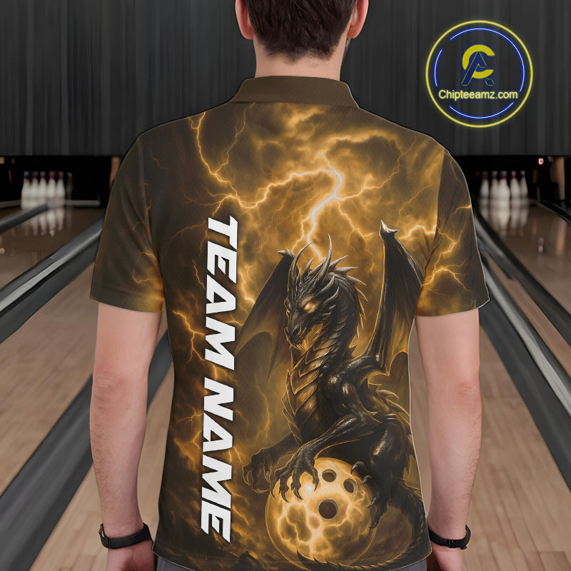 Custom Yellow Thunder Lightning Bowling Team Men Polo Shirt, Dragon Bowling Jerseys IPHW10198