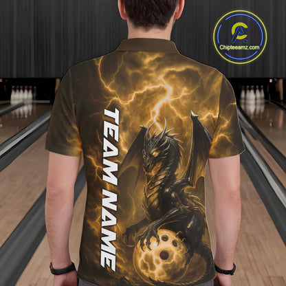 Custom Yellow Thunder Lightning Bowling Team Men Polo Shirt, Dragon Bowling Jerseys IPHW10198