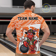 Load image into Gallery viewer, Back view of a male model in a bowling alley wearing an orange custom quarter-zip bowling shirt with a funny Cajun crawfish leaning on a bowling ball and a swamp-inspired texture background.