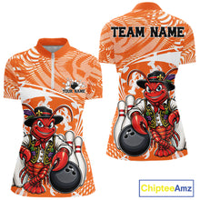 Load image into Gallery viewer, Front and back views of an orange custom women's quarter-zip bowling shirt featuring a funny Cajun crawfish leaning on a bowling ball with a swamp-inspired texture background.