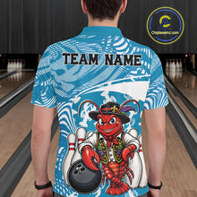 Load image into Gallery viewer, Back view of a male model in a bowling alley wearing a blue custom bowling polo shirt with a funny Cajun crawfish leaning on a bowling ball and a swamp inspired texture background.