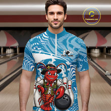 Load image into Gallery viewer, Front view of a male model in a bowling alley wearing a blue custom quarter-zip bowling shirt with a funny Cajun crawfish leaning on a bowling ball and a swamp-inspired texture background.
