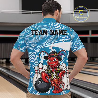Back view of a male model in a bowling alley wearing a blue custom quarter-zip bowling shirt with a funny Cajun crawfish leaning on a bowling ball and a swamp-inspired texture background.