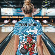 Load image into Gallery viewer, Back view of a female model in a bowling alley wearing a blue custom quarter-zip bowling shirt with a funny Cajun crawfish leaning on a bowling ball and a swamp-inspired texture background.