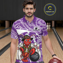 Load image into Gallery viewer, Front view of a male model in a bowling alley wearing a purple custom bowling polo shirt with a funny Cajun crawfish leaning on a bowling ball and a swamp inspired texture background.