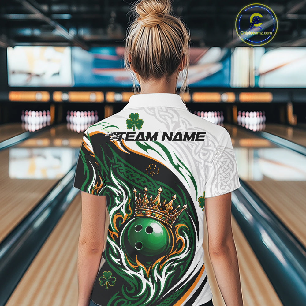 Custom Green Irish Tribal Pattern Bowling Ball With Crown Women Quarter-Zip Team Shirt IPHW11696