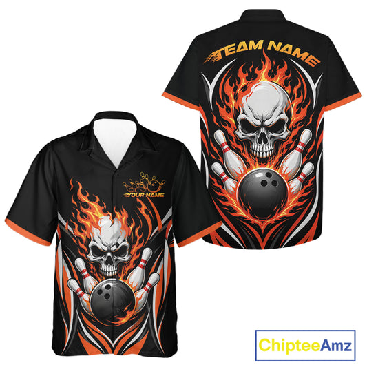Custom Orange Flame Skull Bowling Men And Women Hawaiian Shirt, Halloween Bowling Jersey IPHW11698
