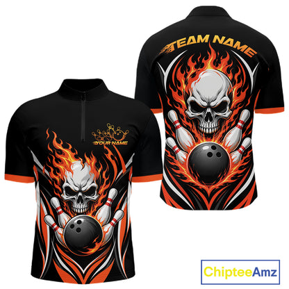Custom Orange Flame Skull Bowling Men Quarter Zip Shirt, Halloween Bowling Jersey IPHW11698