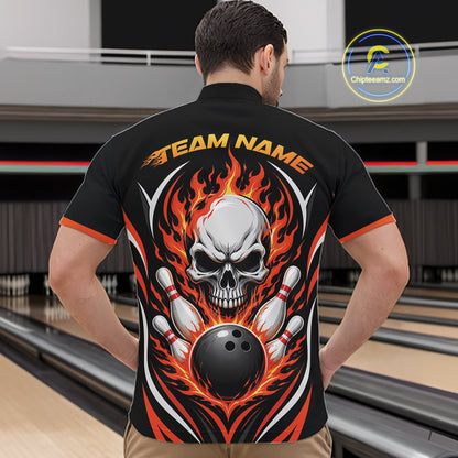 Custom Orange Flame Skull Bowling Men Quarter Zip Shirt, Halloween Bowling Jersey IPHW11698