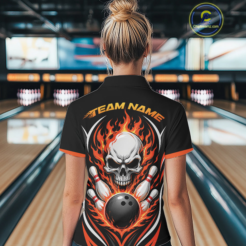 Custom Orange Flame Skull Bowling Women Quarter-Zip Shirt, Halloween Bowling Jersey IPHW11698