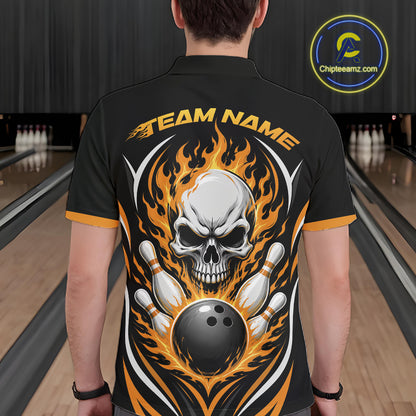 Custom Yellow Flame Skull Bowling Men Polo Shirt, Halloween Bowling Jersey IPHW11699