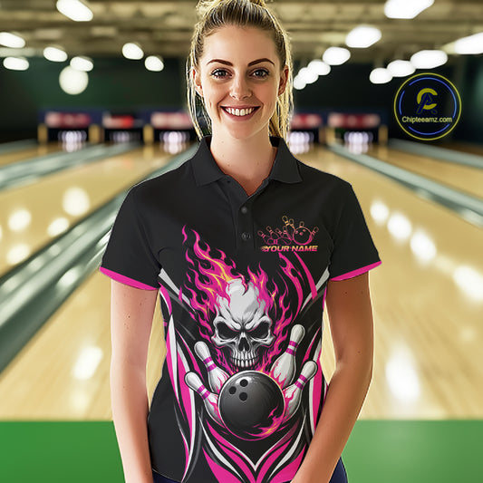 Custom Pink Flame Skull Bowling Women Polo Shirt, Halloween Bowling Jersey IPHW11700