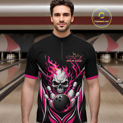 Custom Pink Flame Skull Bowling Men Quarter Zip Shirt, Halloween Bowling Jersey IPHW11700