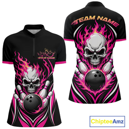 Custom Pink Flame Skull Bowling Women Quarter-Zip Shirt, Halloween Bowling Jersey IPHW11700