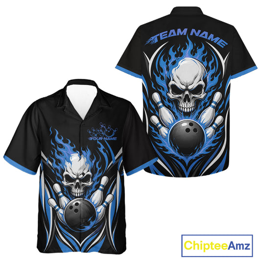 Custom Blue Flame Skull Bowling Men And Women Hawaiian Shirt, Halloween Bowling Jersey IPHW11701