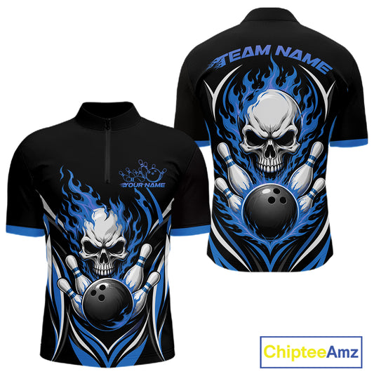Custom Blue Flame Skull Bowling Men Quarter Zip Shirt, Halloween Bowling Jersey IPHW11701