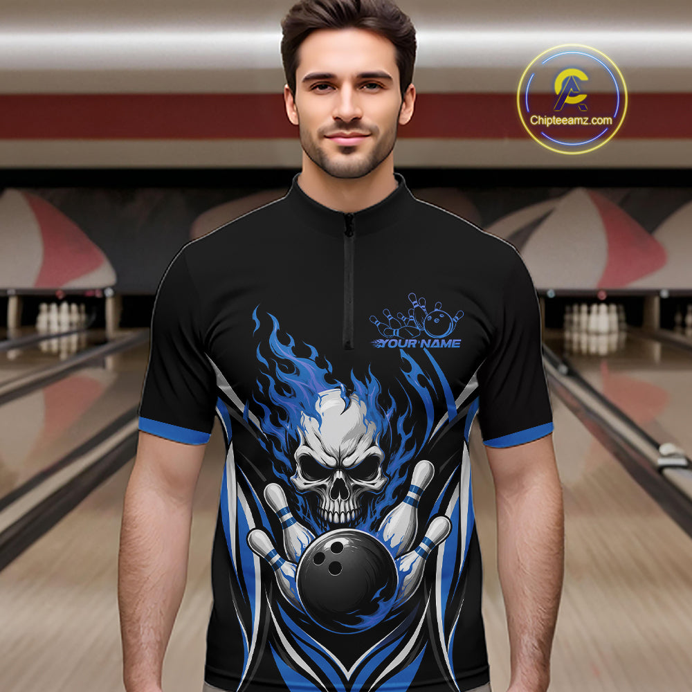 Custom Blue Flame Skull Bowling Men Quarter Zip Shirt, Halloween Bowling Jersey IPHW11701