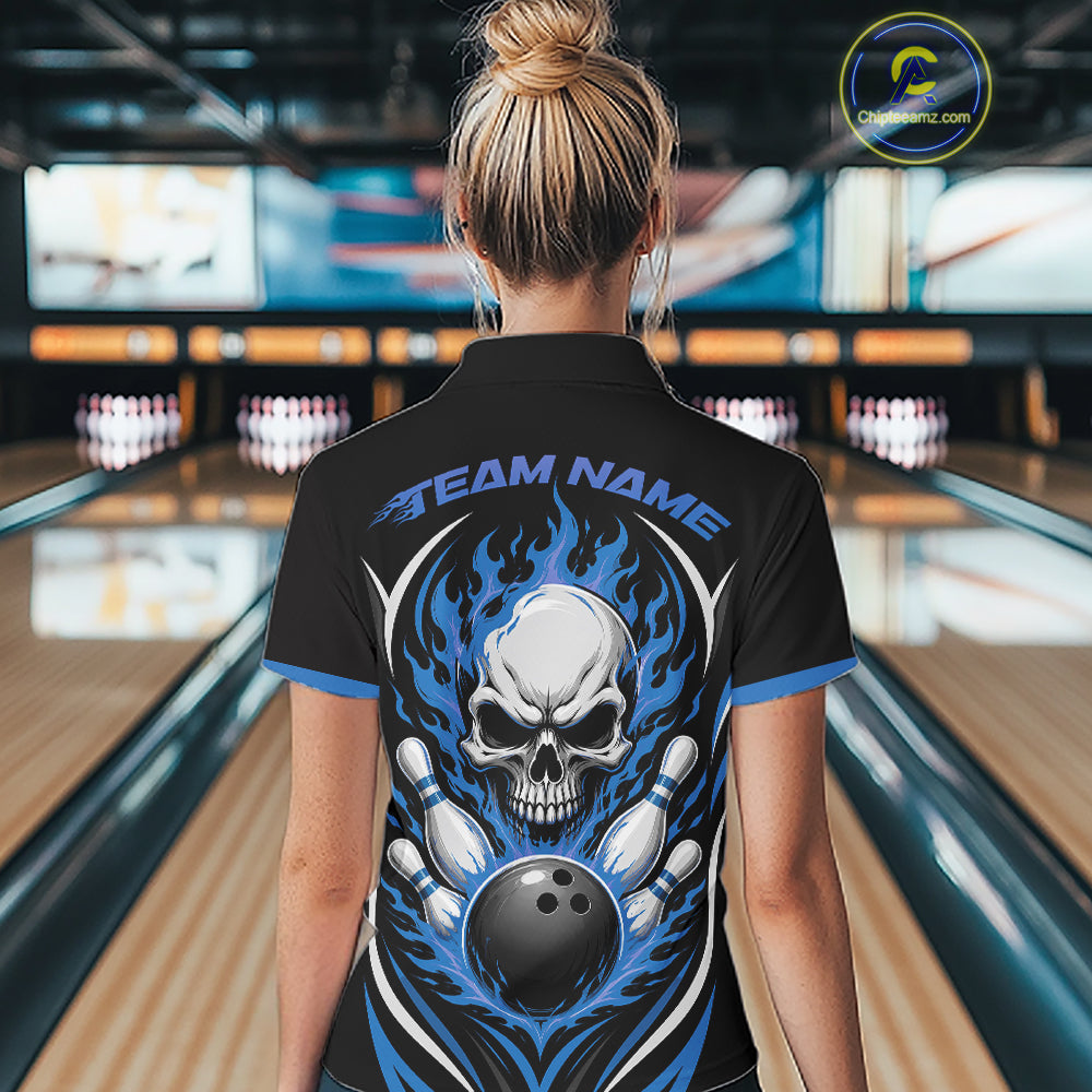 Custom Blue Flame Skull Bowling Women Quarter-Zip Shirt, Halloween Bowling Jersey IPHW11701