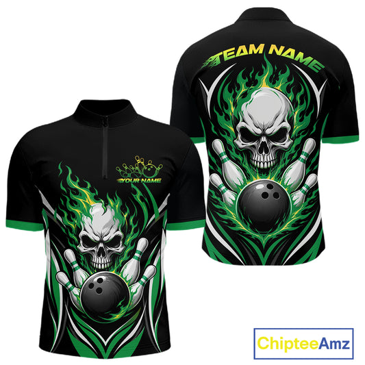 Custom Green Flame Skull Bowling Men Quarter Zip Shirt, Halloween Bowling Jersey IPHW11702