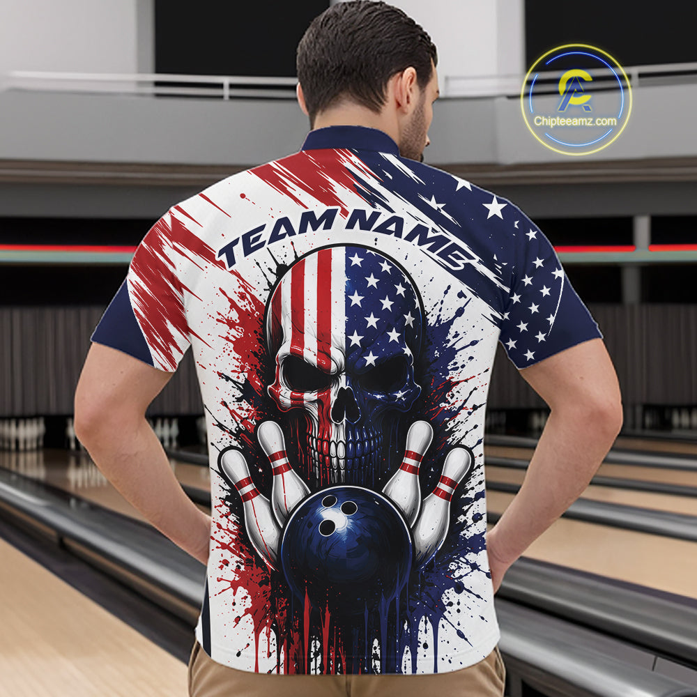 Custom Patriotic American Flag Skull Bowling Team Men Quarter Zip Shirt, US Flag Bowling Jersey IPHW11703