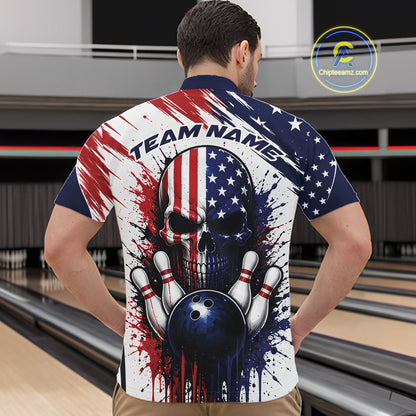 Custom Patriotic American Flag Skull Bowling Team Men Quarter Zip Shirt, US Flag Bowling Jersey IPHW11703