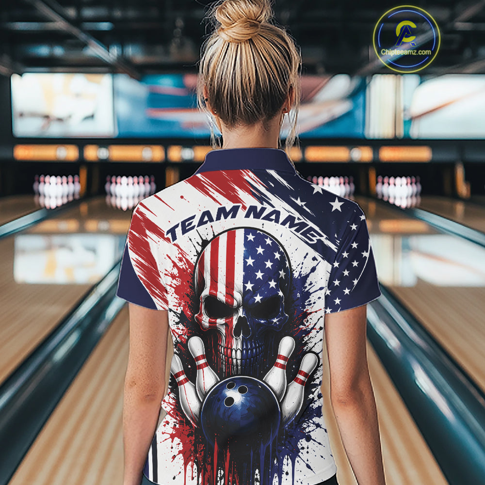 Custom Patriotic American Flag Skull Bowling Women Quarter-Zip Shirt, US Bowling Jersey IPHW11703