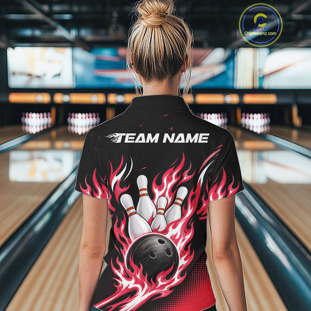 Custom Red Flame Bowling Jerseys, Bowling Team Women Quarter-Zip Shirt Bowlers Outfit IPHW11707