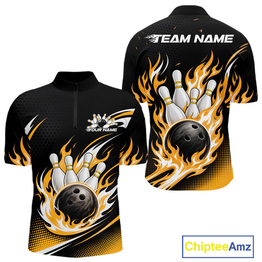 Custom Yellow Flame Bowling Jerseys, Bowling Team Men Quarter Zip Shirt Bowlers Outfit IPHW11708