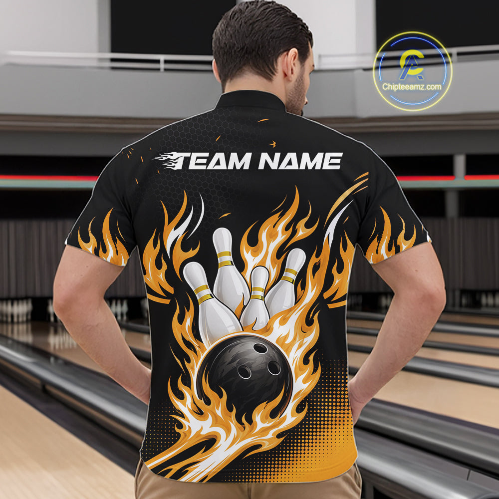 Custom Yellow Flame Bowling Jerseys, Bowling Team Men Quarter Zip Shirt Bowlers Outfit IPHW11708