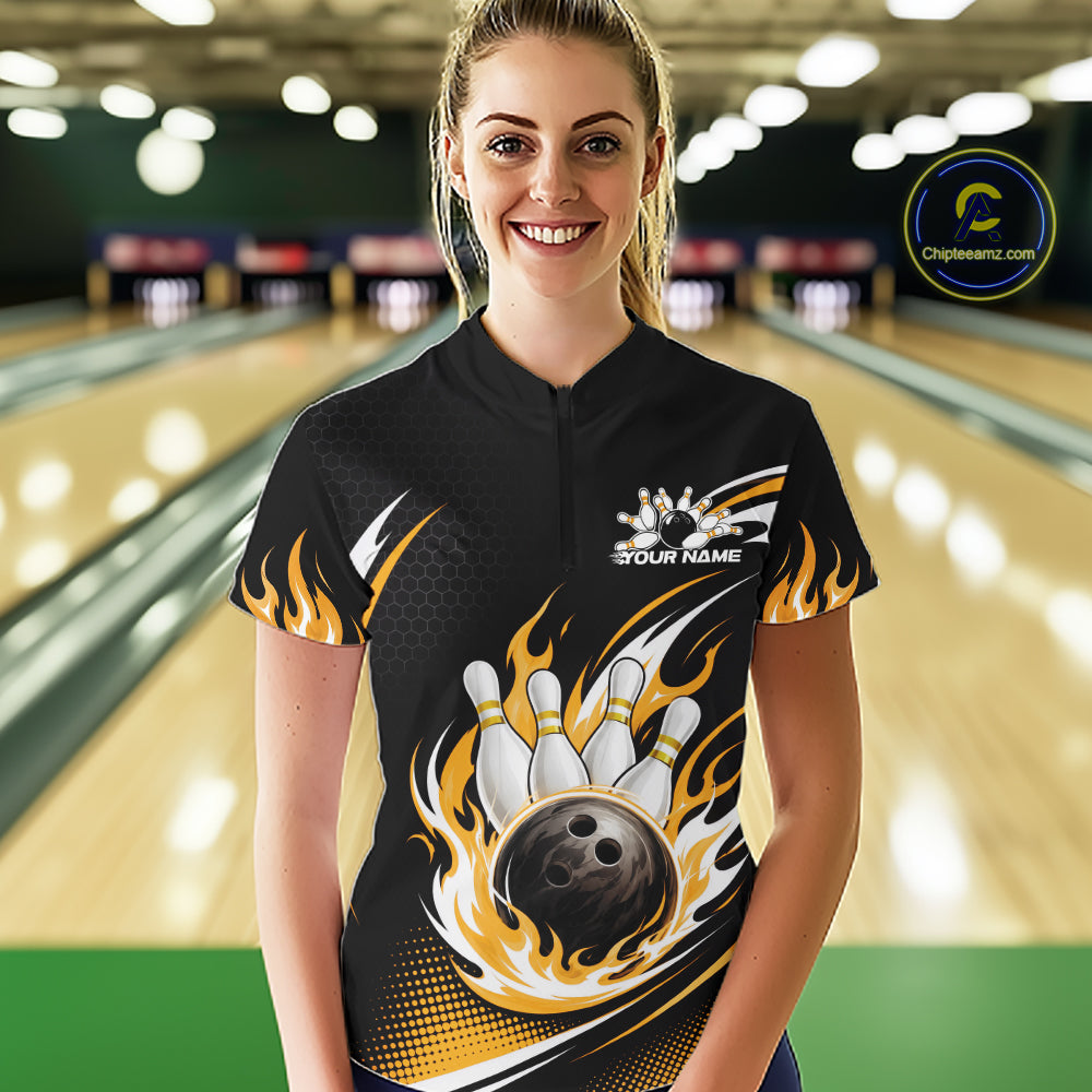 Custom Yellow Flame Bowling Jerseys, Bowling Team Women Quarter-Zip Shirt Bowlers Outfit IPHW11708