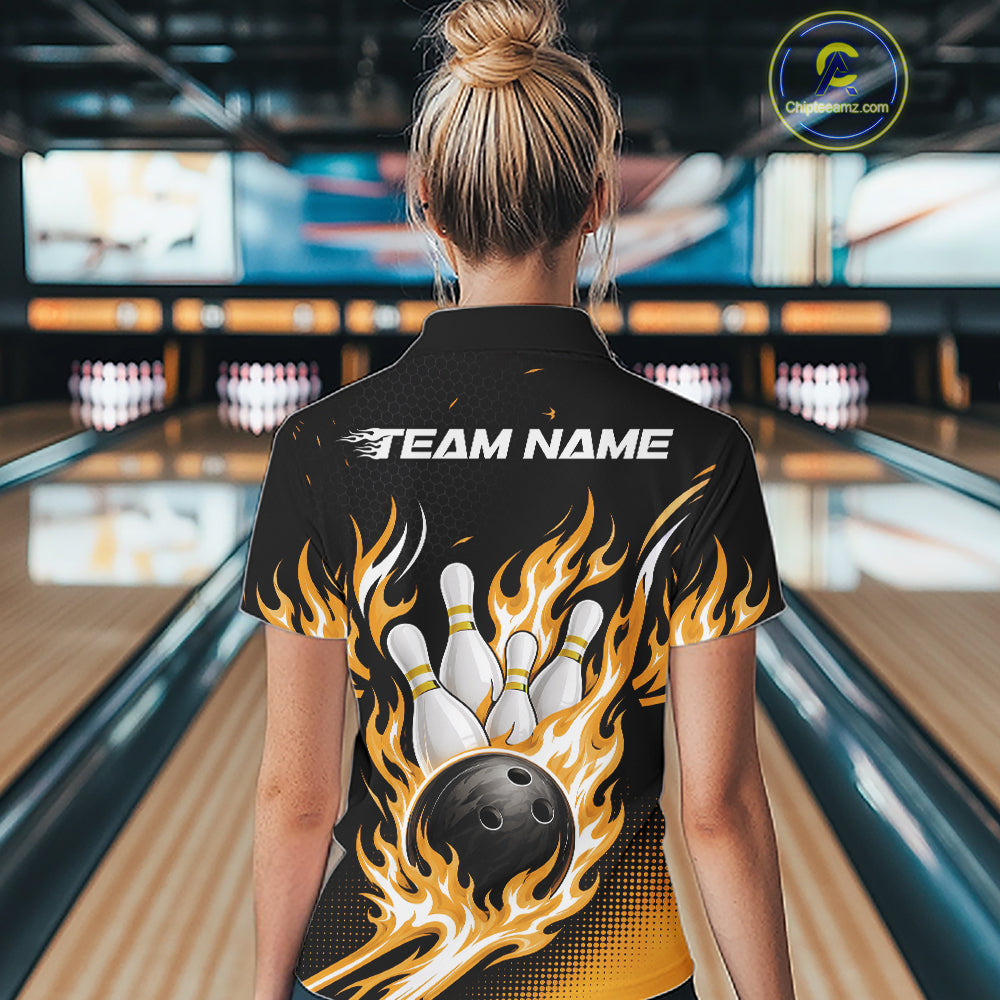 Custom Yellow Flame Bowling Jerseys, Bowling Team Women Quarter-Zip Shirt Bowlers Outfit IPHW11708