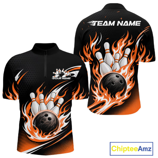 Custom Orange Flame Bowling Jerseys, Bowling Team Men Quarter Zip Shirt Bowlers Outfit IPHW11709