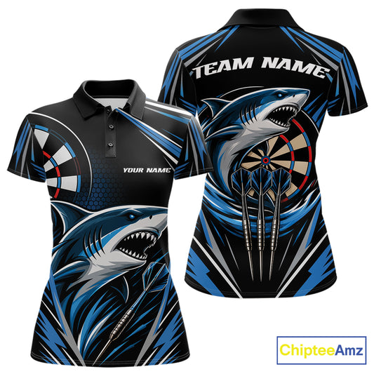 Custom Black And Blue Shark Darts Jerseys, Darts Team Women Polo Shirt IPHW11714